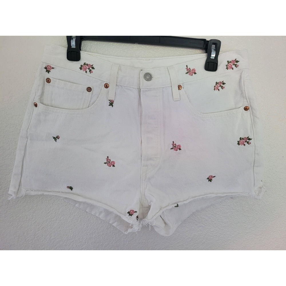 Levis Premium 501 Original White Rose Embroidered Denim Shorts Women's 31 #2